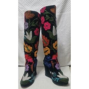 Rockwell Tharp Velvet Embroidered Suede Wedge Boots size 41